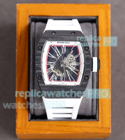 Richard Mille RM010 Skeleton Dial Replica Carbon Watch White Rubber Strap